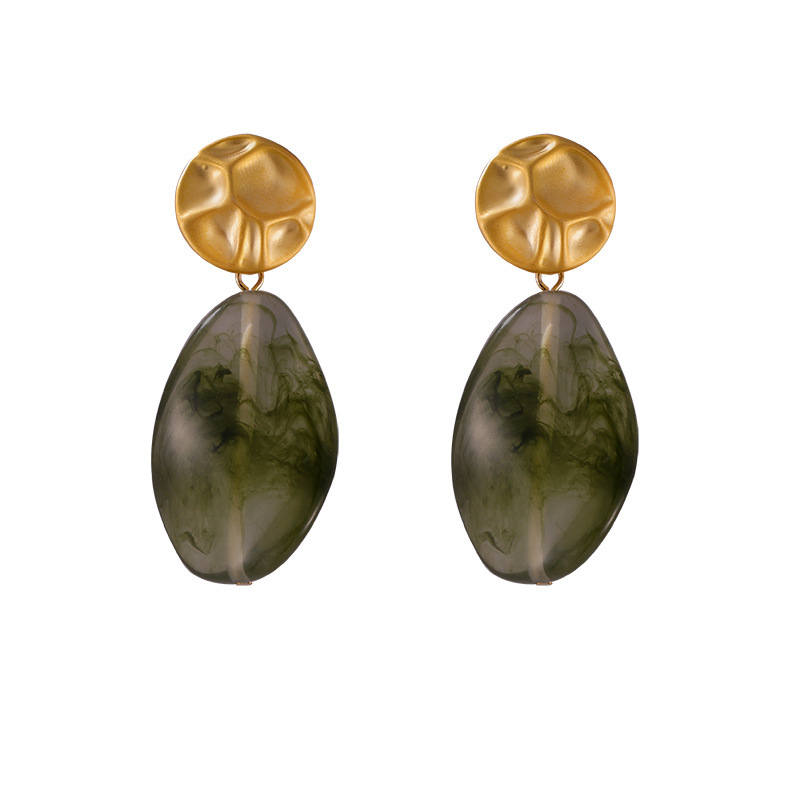 F178-Golden round green earrings