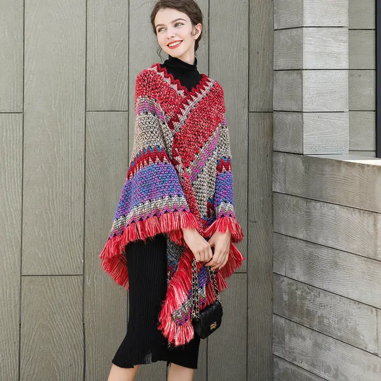 Cape Poncho en tricot pour femmes, style bohémien, cape à la mode, pompon, vêtements d'hiver, nouvelle collection automne, 2020