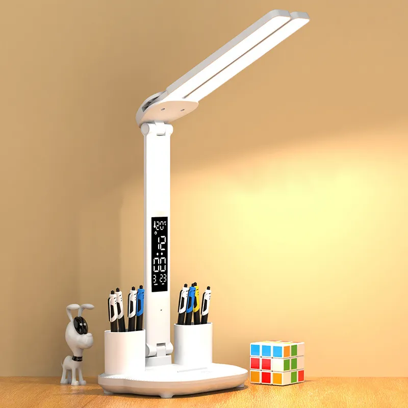 Recarregável Candeeiro de Mesa LED com Cabeça Dupla Calendário Data Toque Night Lights com Pen Holder para Estudo Quarto Lâmpadas de Leitura
