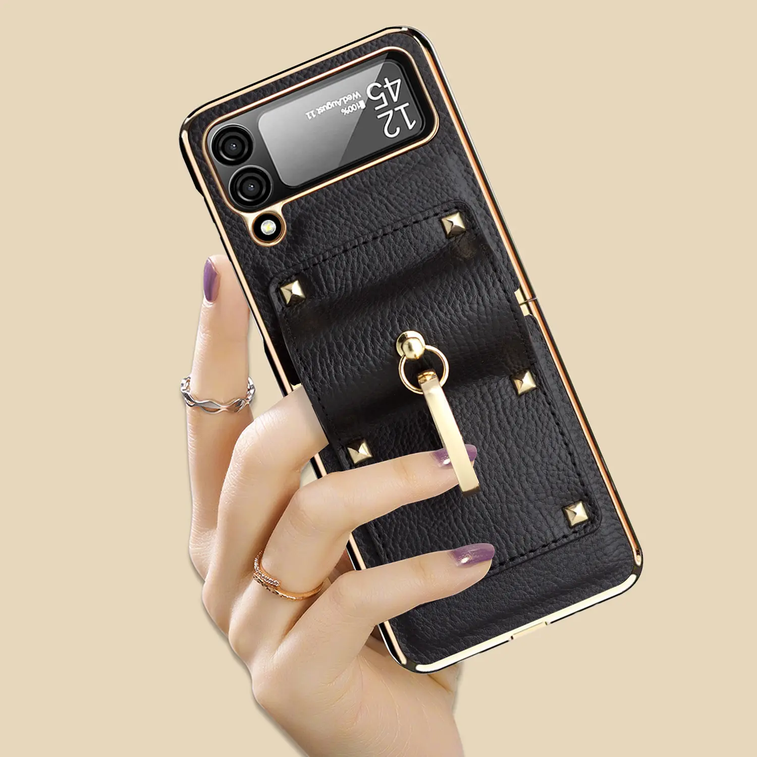 Bán Hot Luxury mạ vàng PC lai Nhẫn Chủ cô gái da điện thoại di động trường hợp Đối với Samsung Z lật 4 3 Leather trường hợp