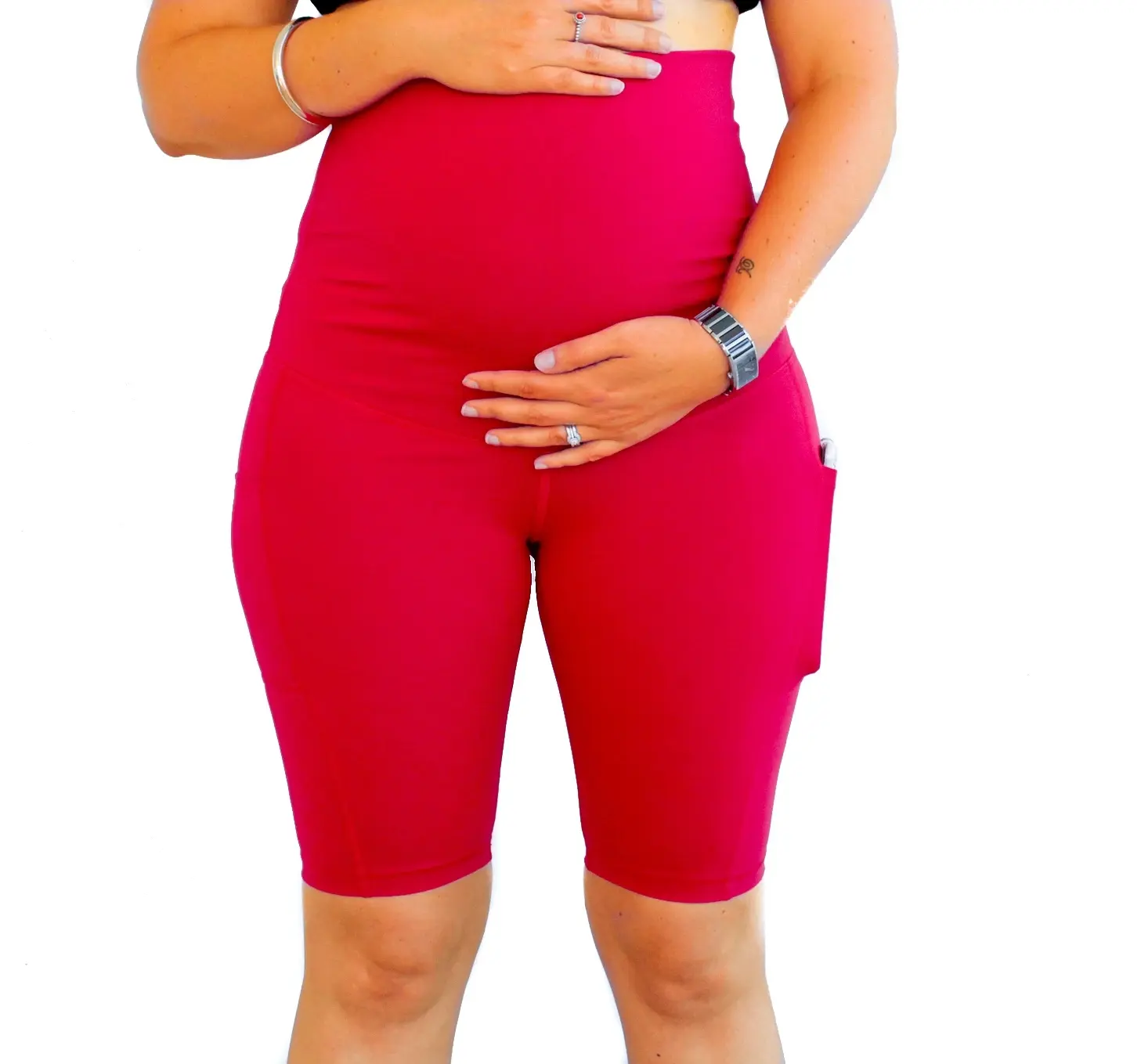 red pregnant plus size comfortable sport wear women maternity sports yoga fitness high waist shorts with pocket
