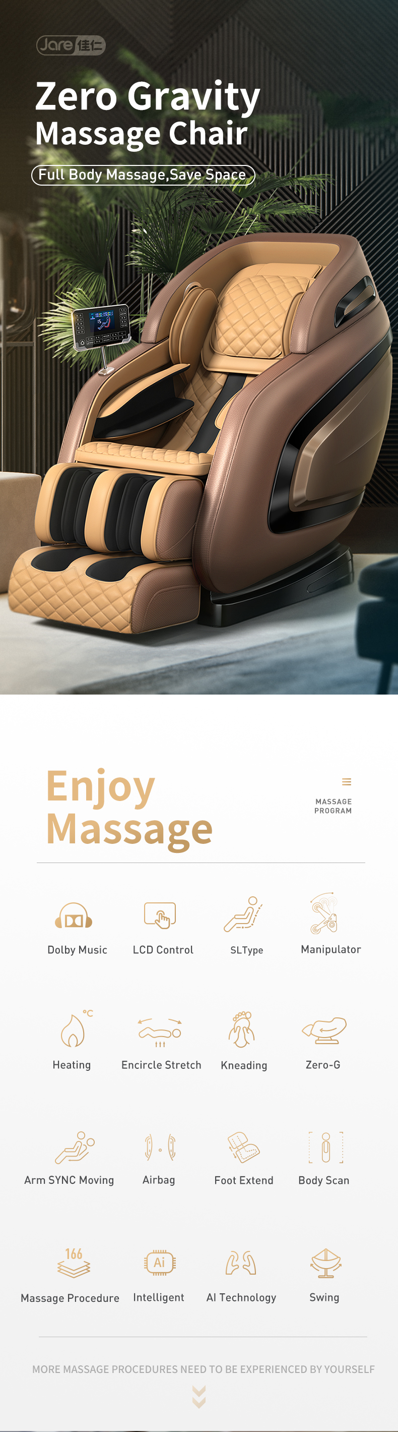 Jare 7800 New 4D Electric Zero Gravity Heating Kneading Cheap Wholesale Price Mainpular Roller Armchair Full Body Massage Chair