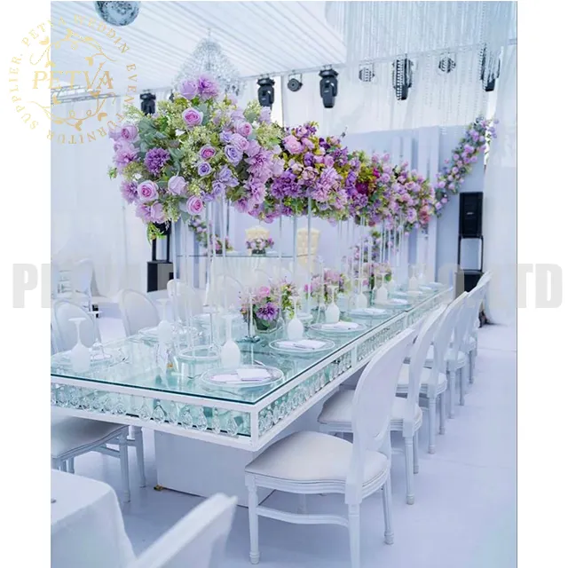 Modern beyaz cam dikdörtgen düğün dekorasyon olay için paslanmaz çelik yemek masası tasarımlar