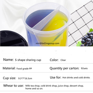 Factory Direct Disposable Milk Tea Share <strong>Cup</strong> Two Block S Shape 700ml Fruit Tea <strong>Cup</strong> with Cover Wholesale - Product Image 4