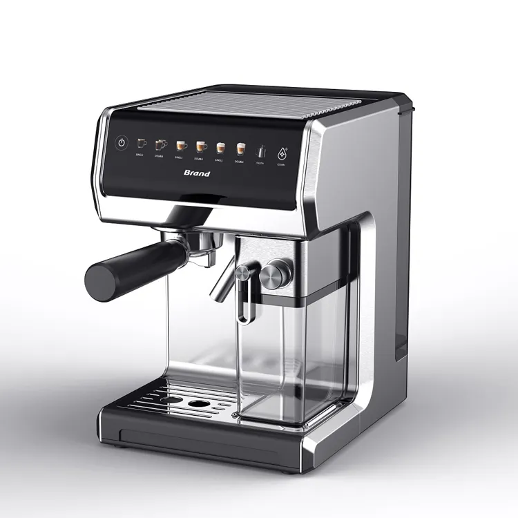 Máquina de café expresso elétrica de aço inoxidável com tanque de leite 500ml e tela de toque digital para uso doméstico e em hotel