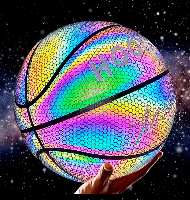 Pelota de baloncesto reflectante brillante personalizada, Tamaño 7, de cuero PU, para interior y exterior