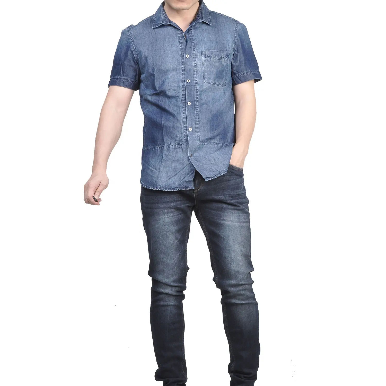 Camisa de jeans para homens, camisa cinza azul com botão e manga curta para homens, camisa ocidental de jean, viscose