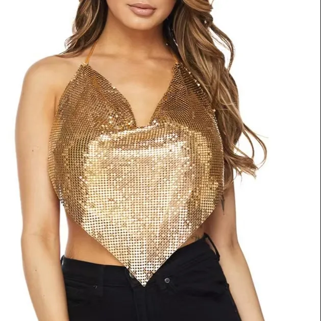 2023 Women Sexy Deep V-Neck Halter Metal Skirt Clubwear Shiny Split Backless Mini Party Aluminum Dress