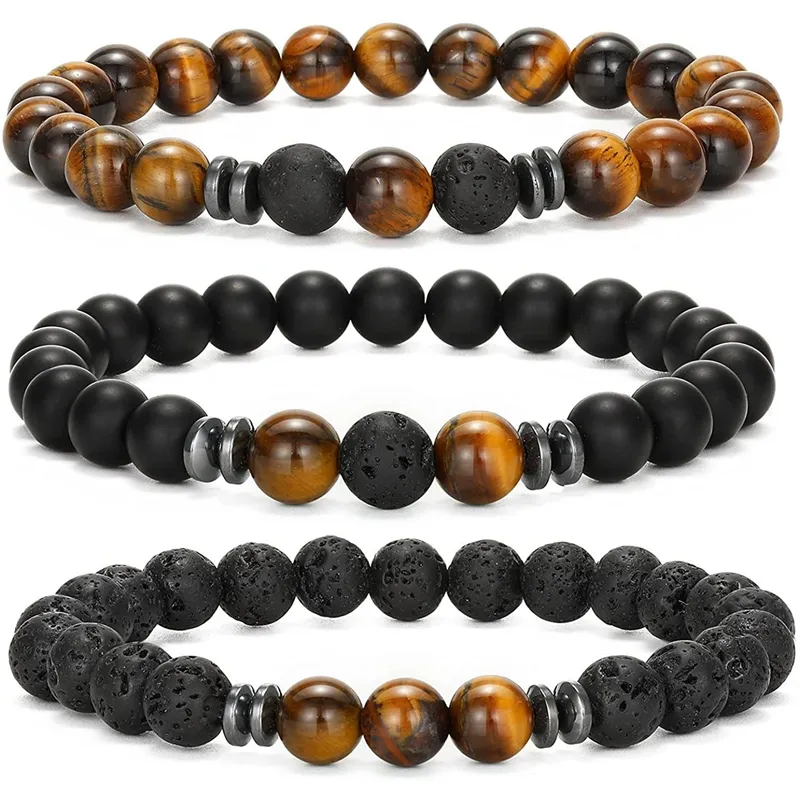 Pulseira de pedra vulcânica energética, 8mm, moda simples, olho de tigre, pedra ágata, conjunto de pulseira