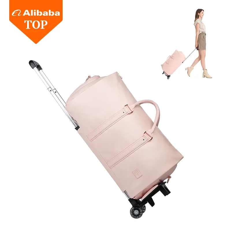 Bolsa de viagem dobrável para bagagem, mochila barata com logotipo personalizado, bolsa de viagem com rodas para fim de semana e rolo rosa