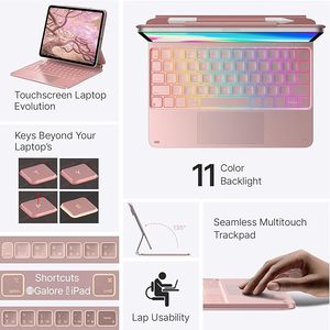 玫瑰金型外壳智能平板电脑无线魔术键盘外壳适用于Ipad Pro 11英寸 & Air 11，带触控板发光二极管RGB背光