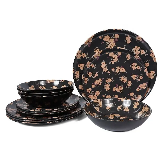 Set da pranzo di lusso OEM piatto piatti all'ingrosso melamina nero Design floreale ciotola piatti Set stoviglie