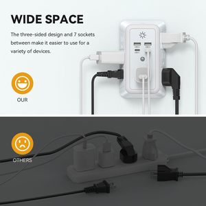 Dalgalanma koruyucusu çıkış genişletici, 7 elektrik çıkışları ile çok fiş çıkış Splitter 4 USB portları 3 taraflı duvar fiş adaptörü - Product Image 4
