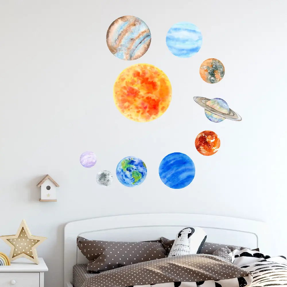 Glow in The Dark Watercolor Planets Bright Solar System Wall Stickers 10 Luminous Ceiling Decals für Kids Bedroom Room