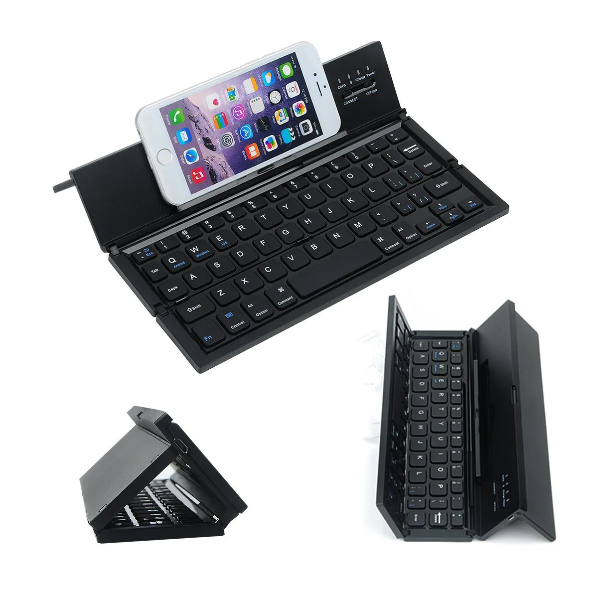 Keyboard Mini nirkabel Bluetooth lipat, dengan braket penutup kulit untuk Laptop Windows Android ios Tablet