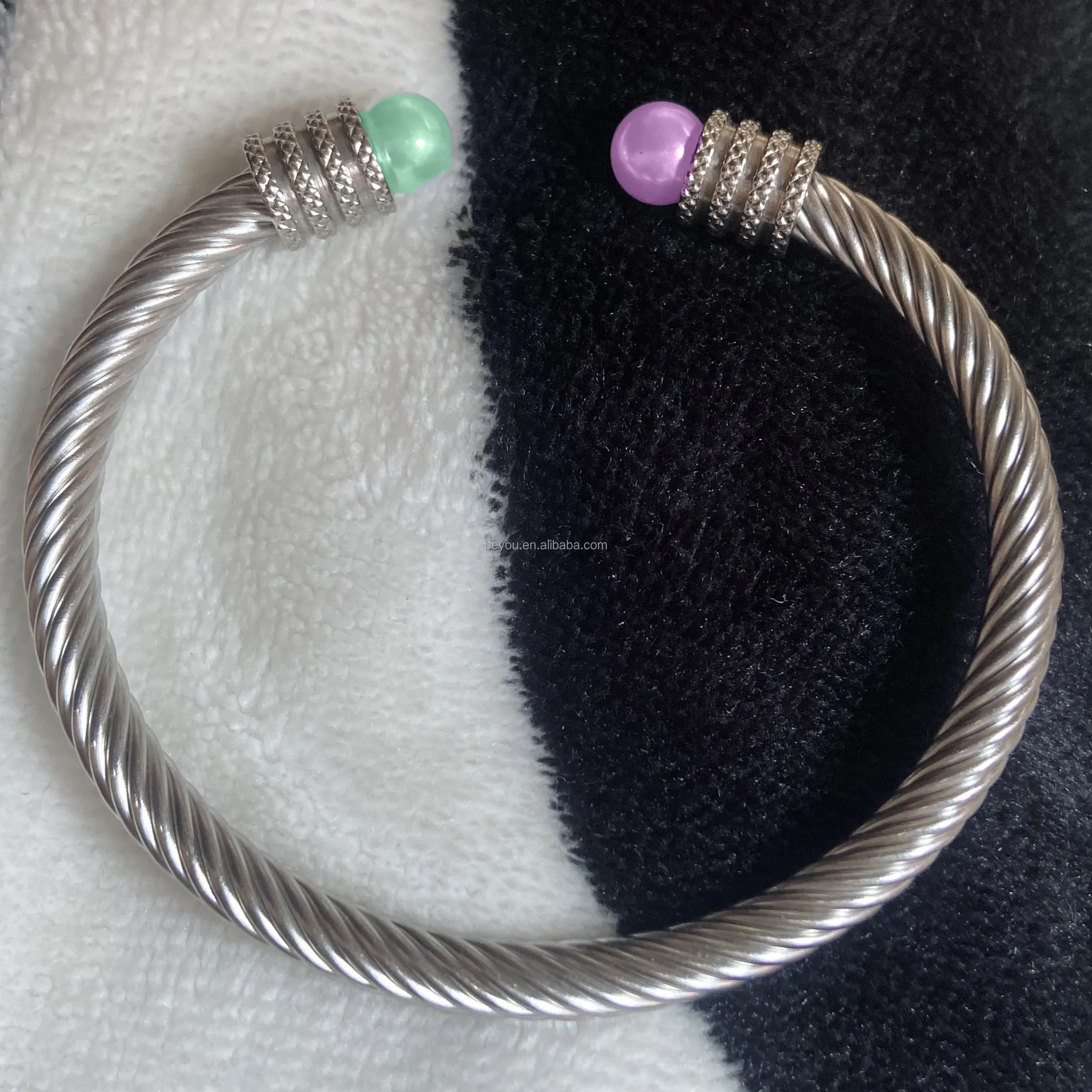 Customize Color Designer Pink Green Pearl Cuff Open Full Bangle Stainless Steel Cable Twist Bracelet Women Wedding Jewelry
