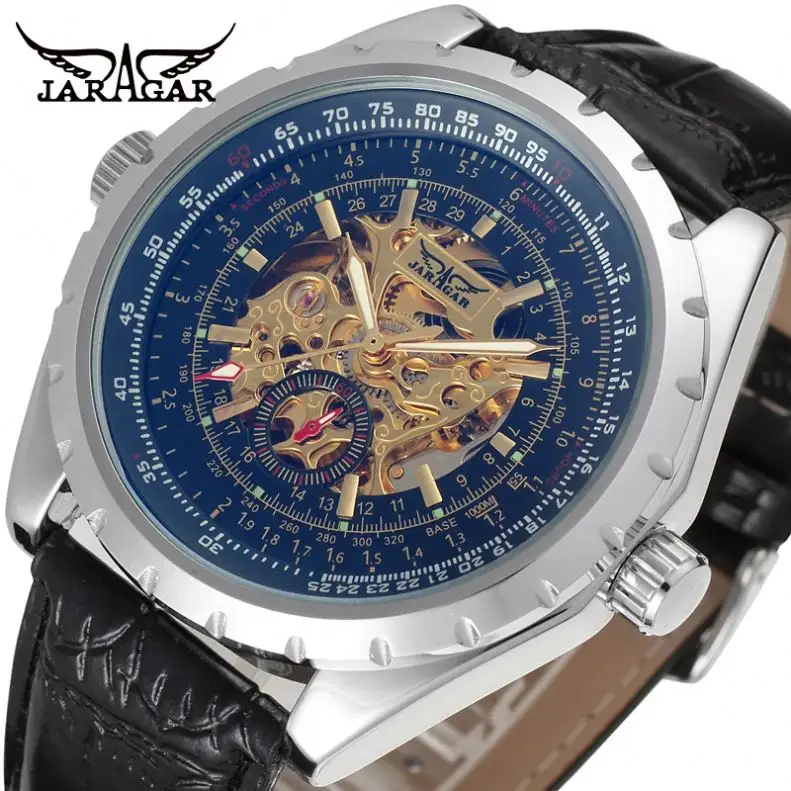 JARAGAR-reloj con mecanismo azul para hombre, correa de cuero PU, resistente al agua, enrollador automático, diseño de negocios, 8057