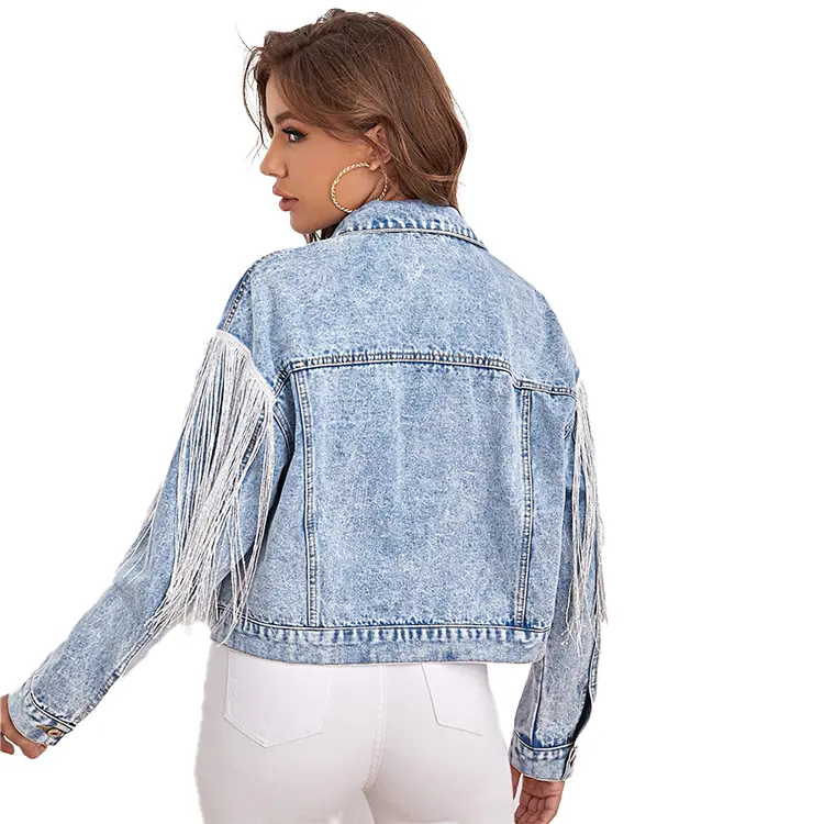 Chaqueta vaquera personalizada con flecos y borlas para mujer, Chaqueta corta con flecos y botones