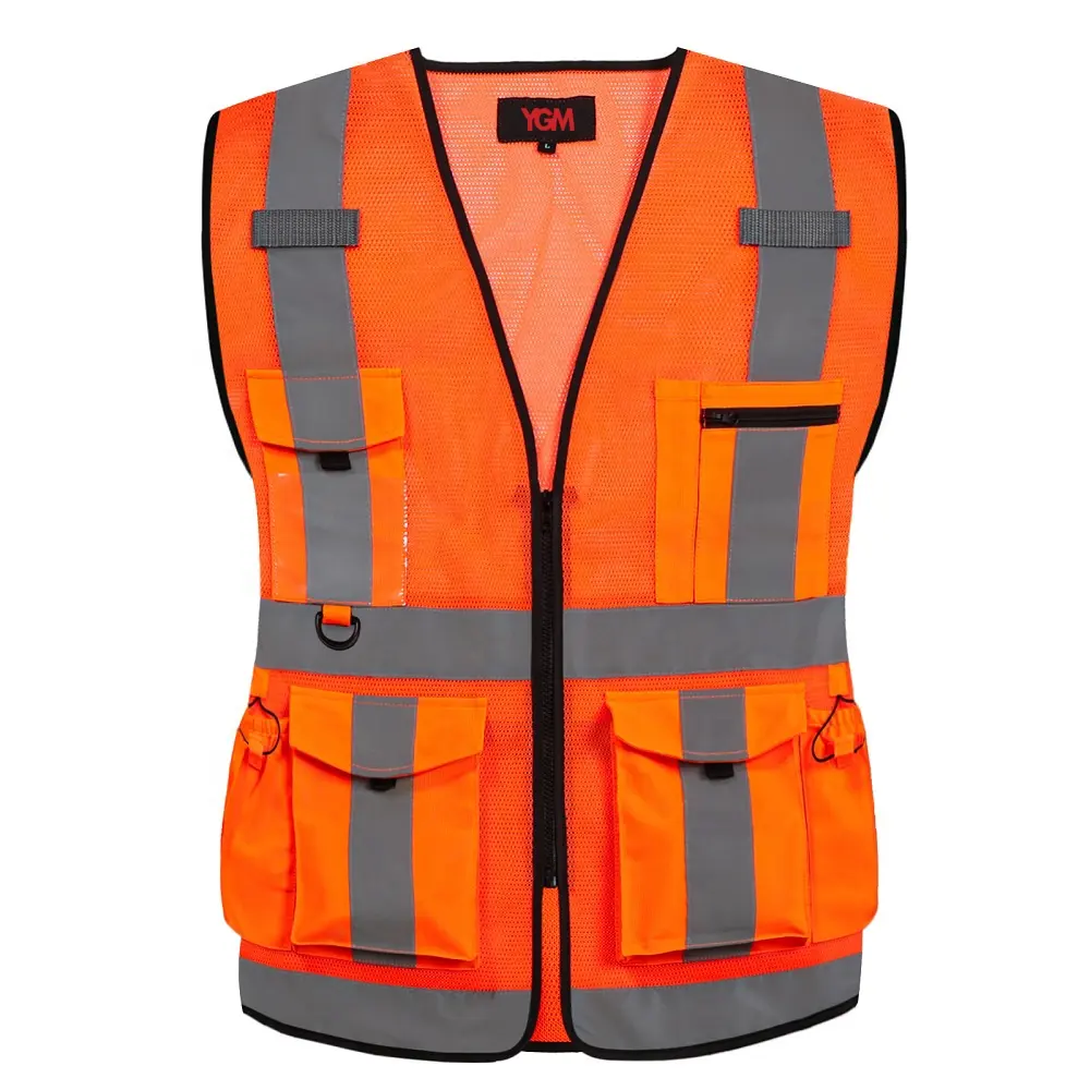 Hi Vis-chaleco de seguridad para construcción, malla naranja, reflectante, con múltiples bolsillos, ropa de trabajo
