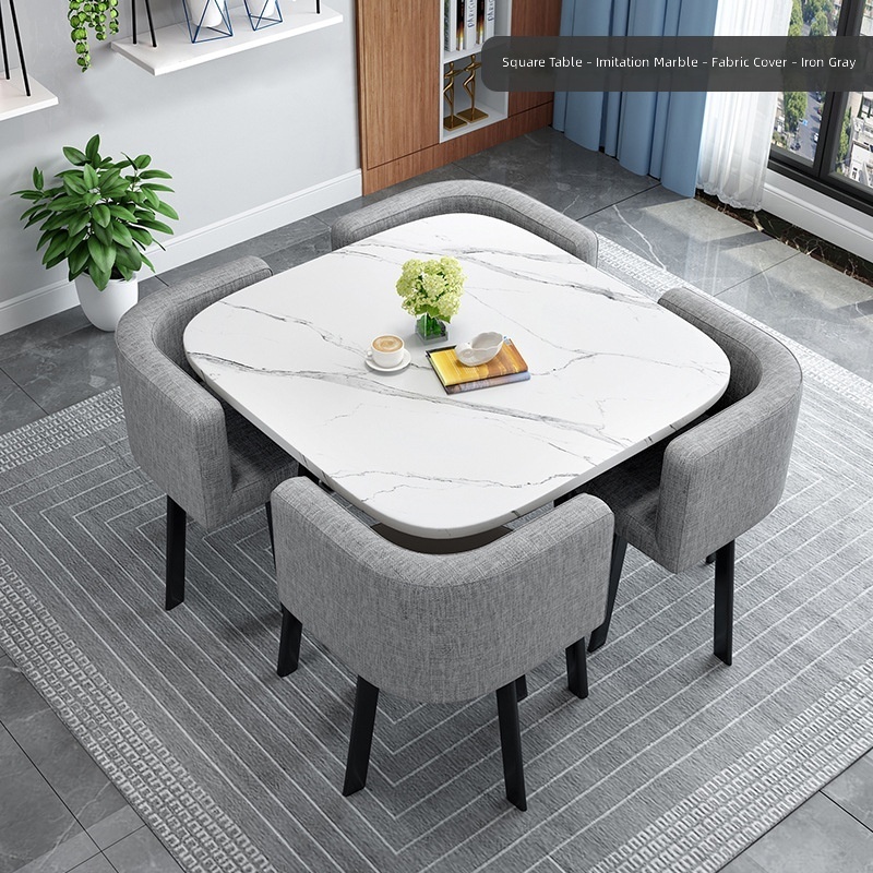 Mesa cuadrada con patrón de imitación de piedra, tela gris claro, 80 cm.
