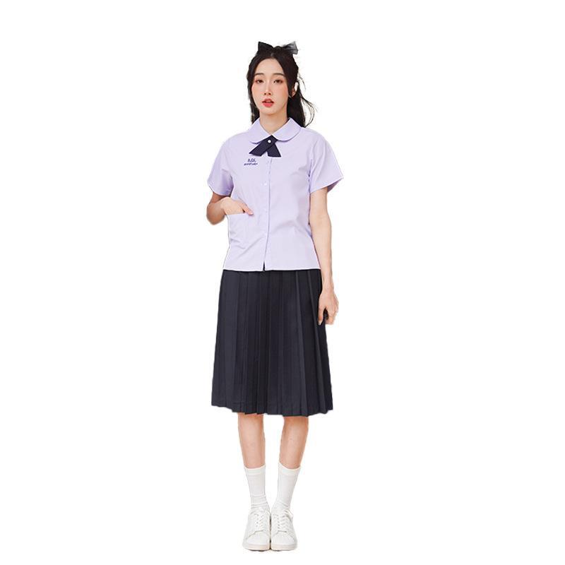 Thai girls short sleeves + black midi skirt + cross tie