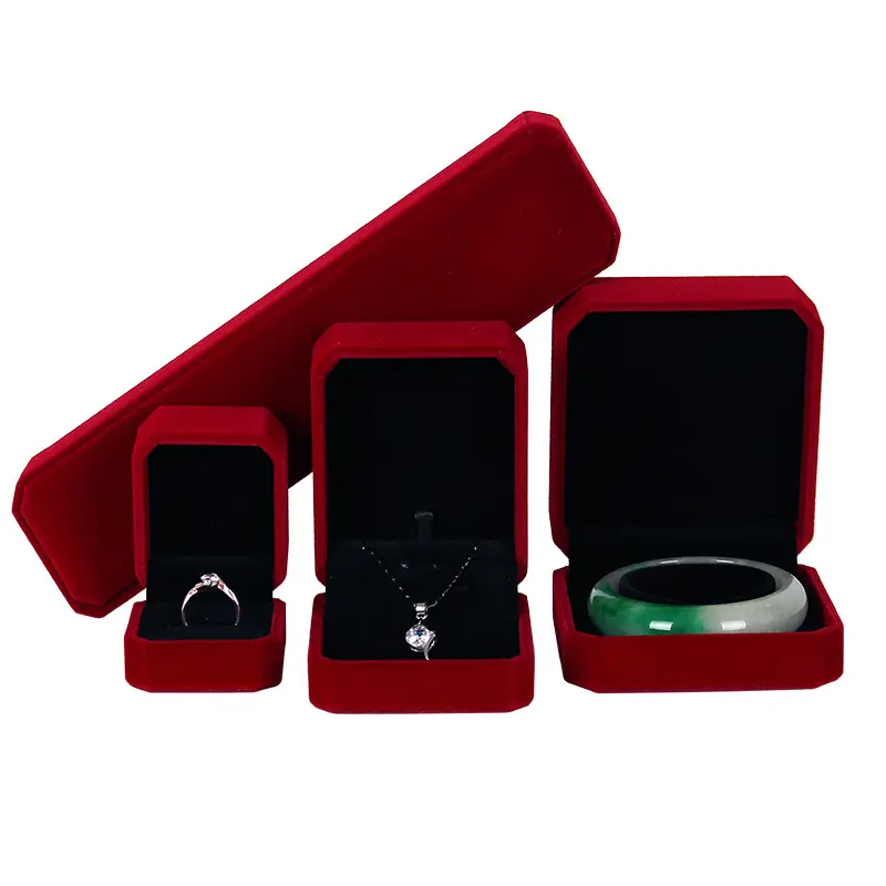 Free sample custom wholesale velvet pendant bracelet ring octagon small red green jewelry packaging box