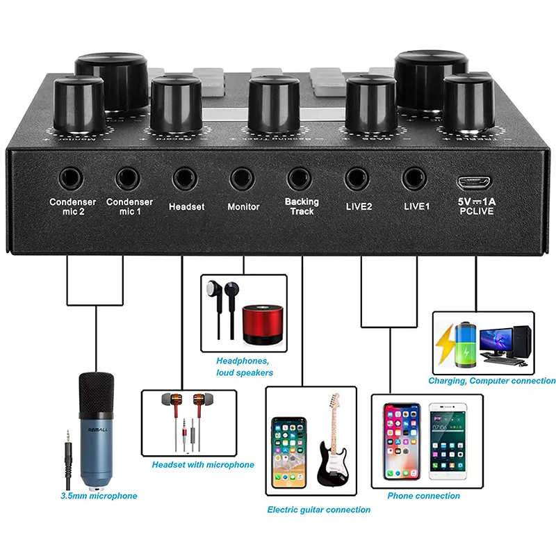 V8S scheda Audio Live Mixer Audio scheda Audio esterna USB telefono cellulare cambia voce dal vivo registrazione professionale in Studio Karaoke