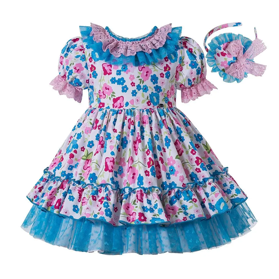 2023 OEM Pettigirl Mới Đến Cô Gái Nhỏ Dresses Đẹp Hoa Hai Lớp Cổ Áo Bên Dresses Cho Cô Gái (Bán Buôn)