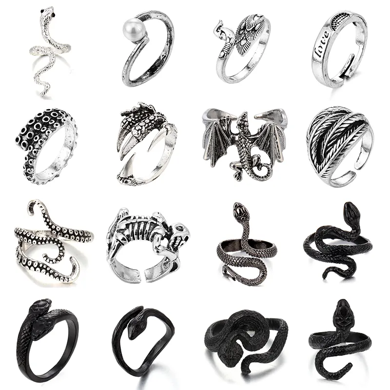 Anéis de cobra, preto, prata, metal, punk, design aberto, ajustável, anel de dedo exagerado para mulheres, homens, festa, joia, presente