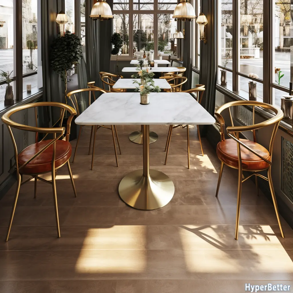 Wholesale Rectangular white marble dining table set 4 seater golden stainless steel tulip base