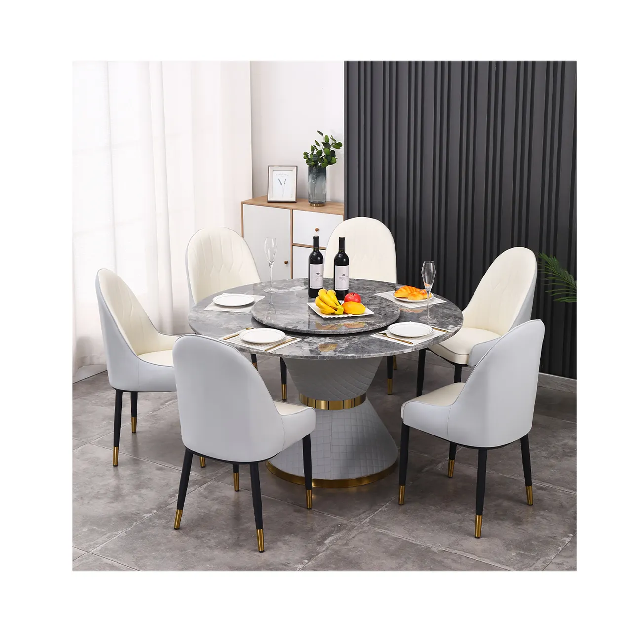 Dinning Furniture Home Furniture Classical UK Design Round Marble Stainless Steel Metal Modern Dining Table Chairs Set