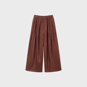 Calças de cintura alta de linho das mulheres Brown perna larga calças com dupla cintura plissada cintura alta cintura Belt Loops costurado para o verão