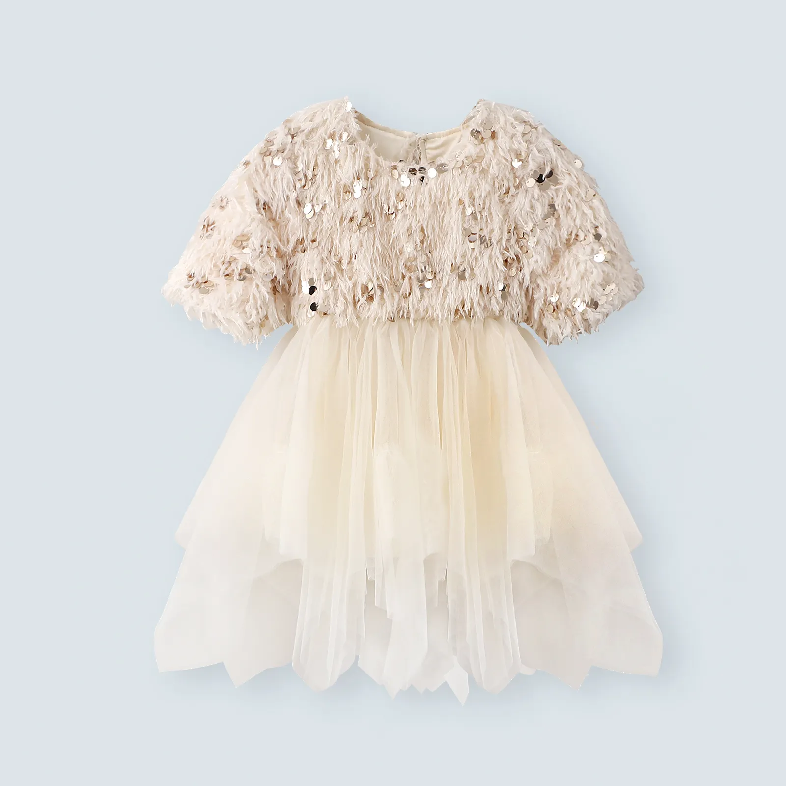 Vestido de lentejuelas beige para niña, vestido de princesa Coreana de princesa con plumas y cremallera en capas finas de malla de manga larga corta transparente