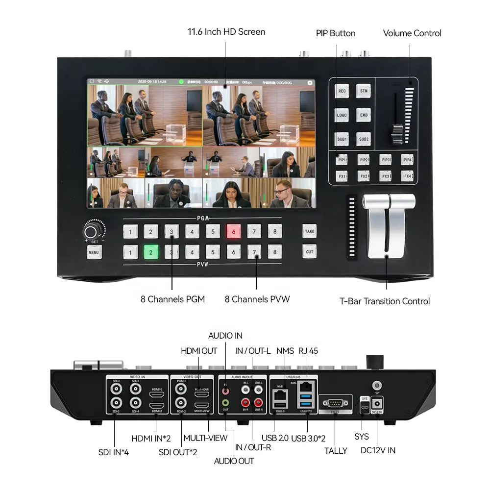 Switcher video senza soluzione di continuità a 8 canali streaming, streaming live hdmi SDI RTMP switcher mixer video telecamera multi-rete