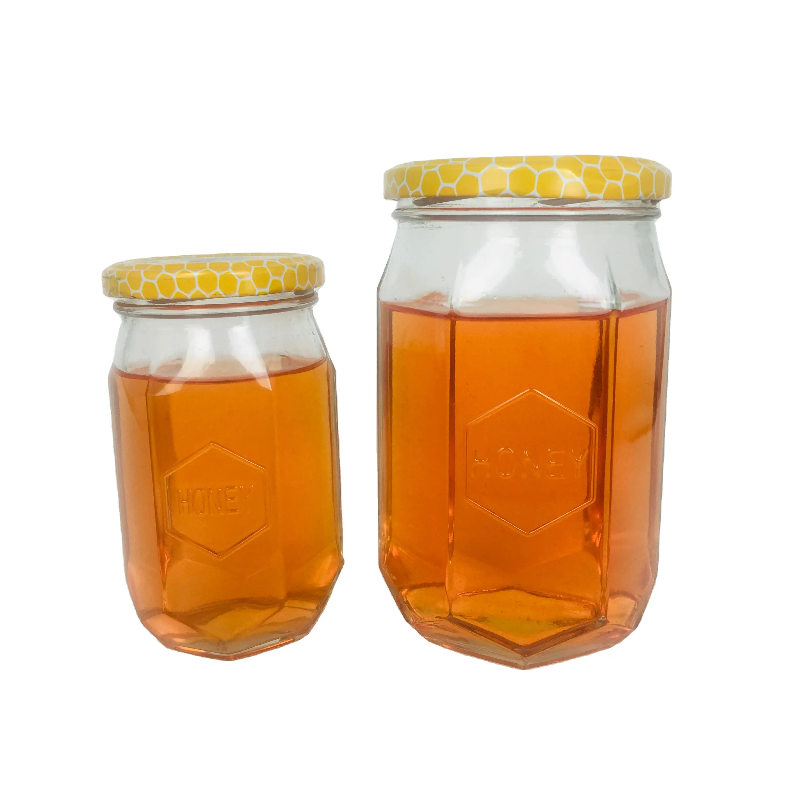 Pot hexagonal en verre transparent de 300, 600, ml, pour confiture de miel, avec couvercle