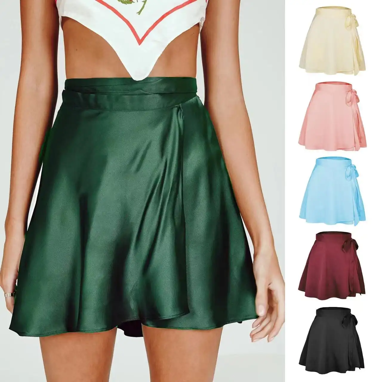 उच्च-waisted थोक ठोस रंग स्कर्ट फैशन एक टुकड़ा फीता स्कर्ट शिफॉन साटन लपेटें चमकदार लघु स्कर्ट
