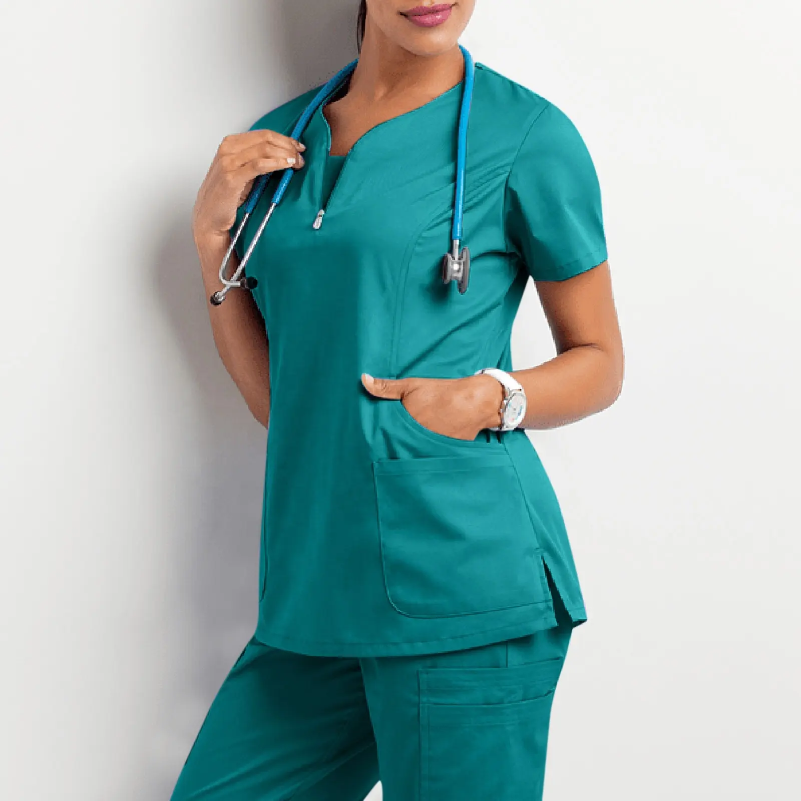 Großhandel Medical Unisex Care Workers V-Ausschnitt Bluse mit Tasche Kurzarm Peeling Top V-Ausschnitt Stretch Doctor Nurse Uniform