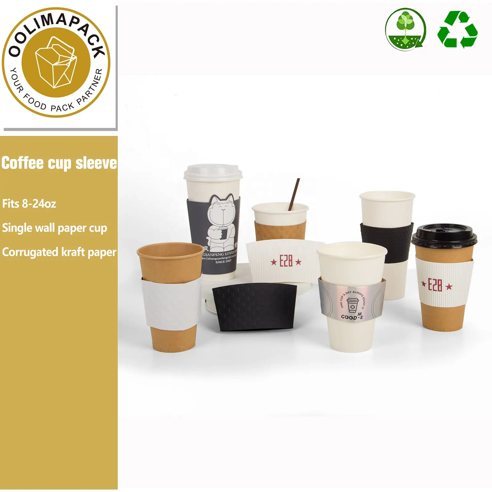 Disposable 8 12 16 20oz different size paper cupsleeves for hot drinking