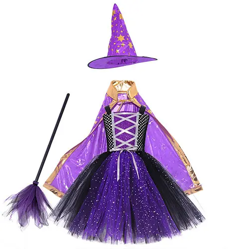 Disfraz de Mago para niños de Halloween, disfraz de bruja, disfraz de juego de rol para niñas, falda de Poncho de malla