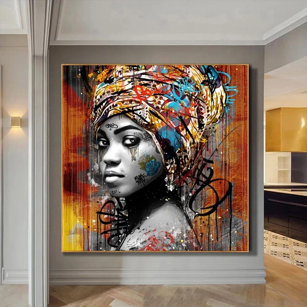 Póster de grafiti para mujer africana negra, pintura en lienzo de pared, imagen impresa abstracta para chica para decoración del hogar y sala de estar