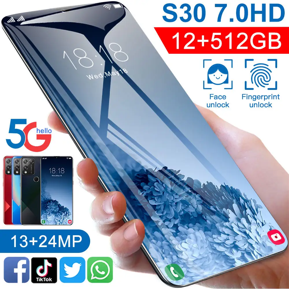 Smartphone 2022 novo design grande s30, celular android 5g com tela de 7.0 polegadas, núcleo deca core, mtk6799, desbloqueio por reconhecimento facial