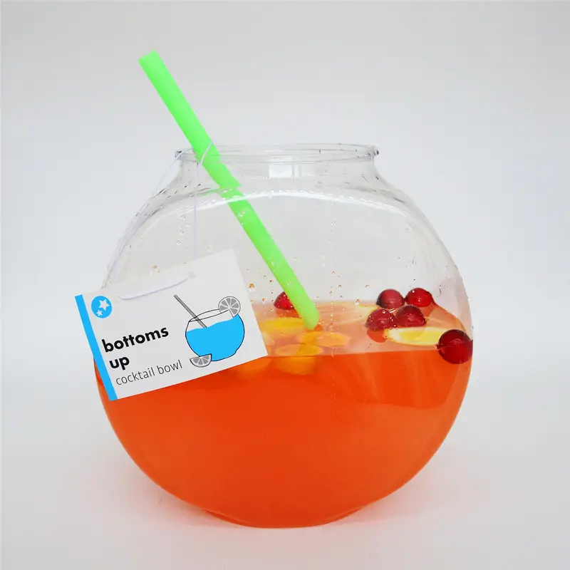 Contenedor de plástico transparente para bebidas, vasos de cóctel, vino, tazón de pescado con tapa y paja, 16oz, 1L, 2L, 3L, 32oz, 64oz, 1 galón, PET