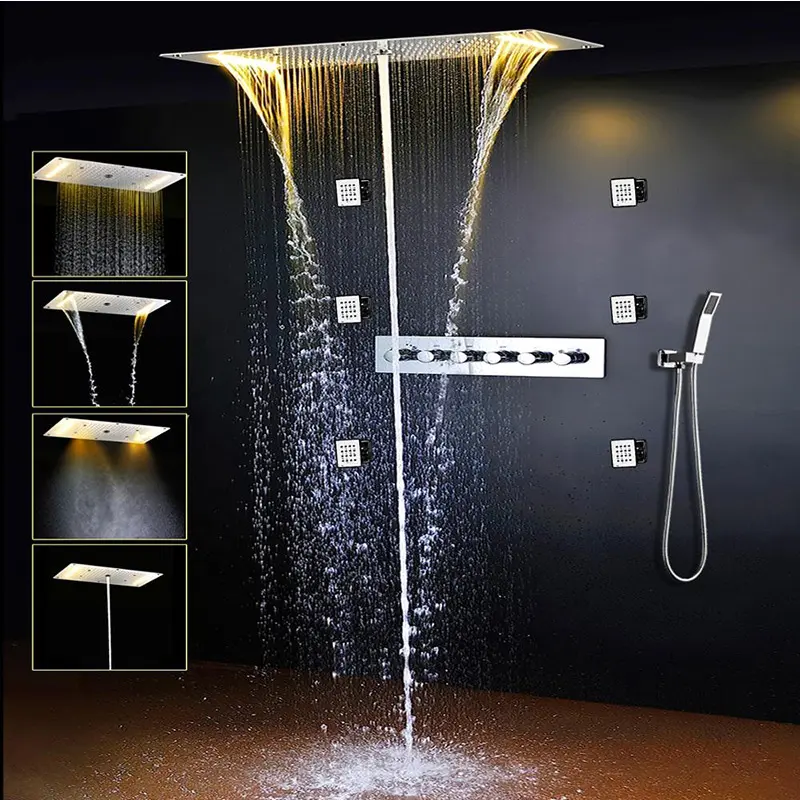 Bathroom Ceiling Led Thermostatic Shower Faucets Set Rainfall Waterfall Multi Function Shower Head With 5 Way Shower Diverter
