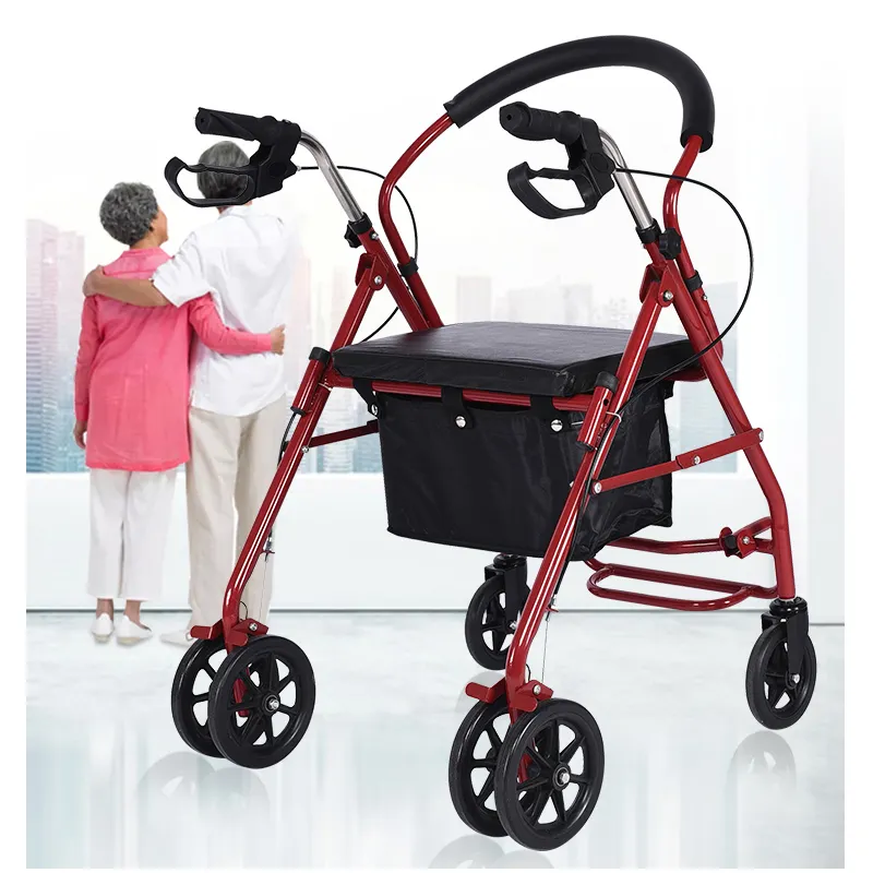 Fabrika çıkış silindir katlanır yürüteç taşınabilir hasta ayarlanabilir alışveriş tıbbi açık çelik Rollator walker koltuk ile