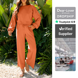 Thân Mẹo-Người Yêu Bán Buôn Drop Shoulder Puff Tay Áo Crop Áo Thun Dây Kéo Chân Rộng Quần Set In Trên Nhu Cầu Giản Dị Bộ Cho Phụ Nữ - Product Image 6