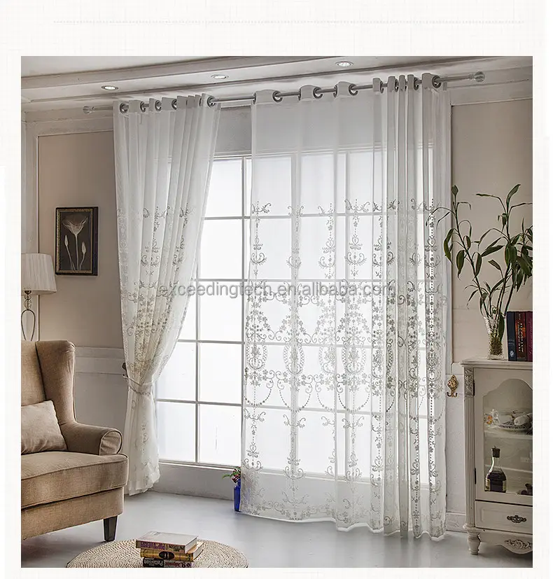 Cortinas transparentes bordadas para ventanas de sala de estar, cortinas de gasa de tul para puerta, color blanco