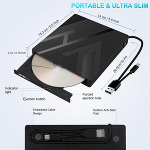 外置CD/DVD驱动器USB3.0型-C光盘驱动器DVD/CD-RW便携式CD DVD刻录机CD刻录机刻录机，用于台式平板电脑