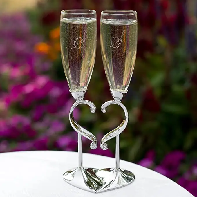 Conjunto de bolo de casamento champagne, jogo de goblet de vidro para noiva e noivo formato de coração copo para casal