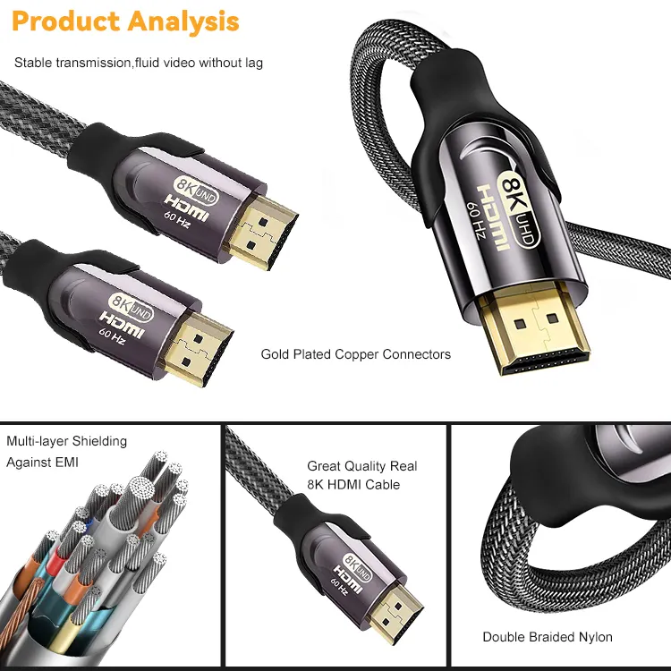 Port layar berlapis emas kecepatan Ultra tinggi ke HDMI, 1m 1.5m 2m 3m 5m 7.5m 10m 48Gbps Video 8K 2.1 kabel HDMI