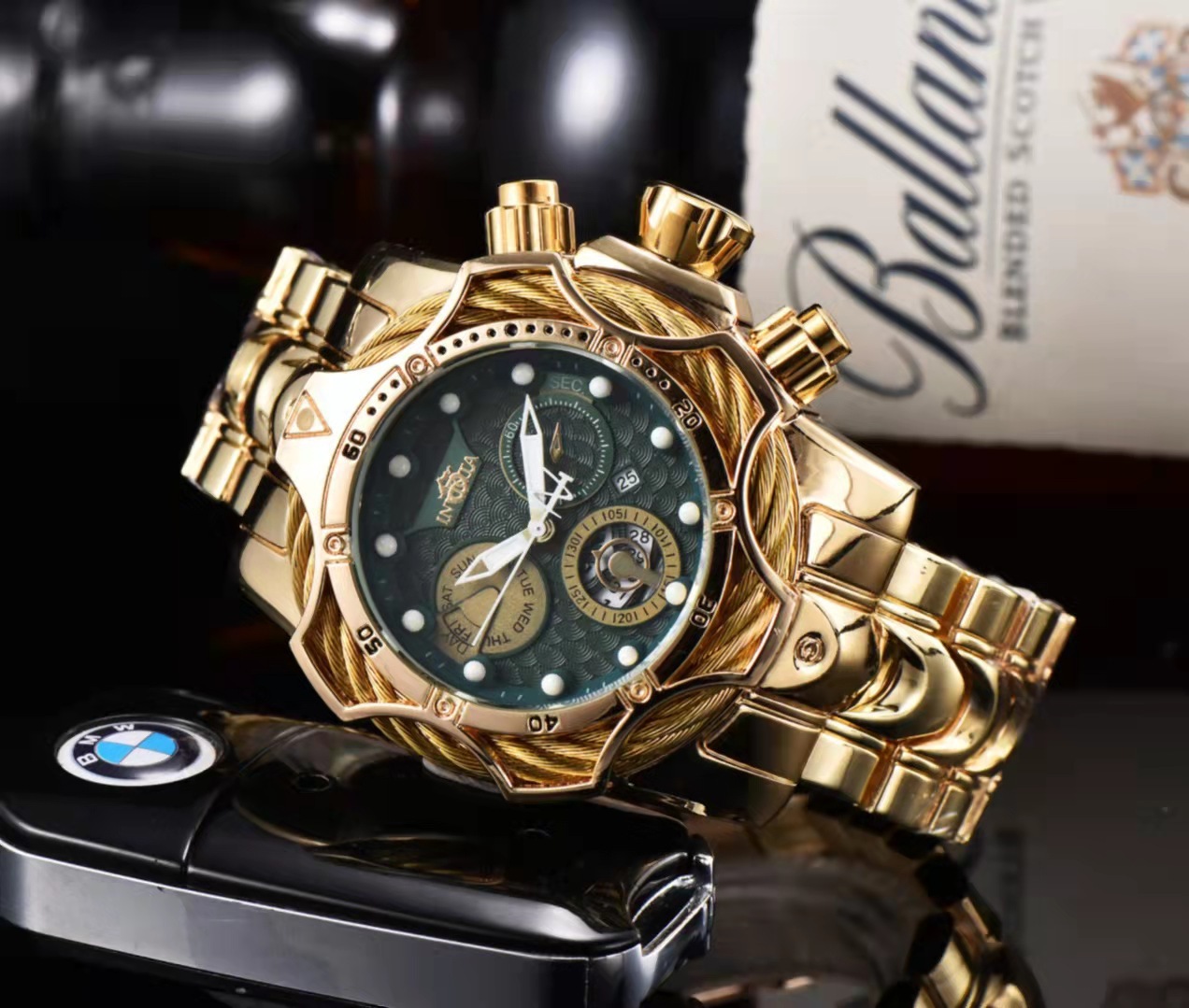 Gold case-gold filigree-green dial